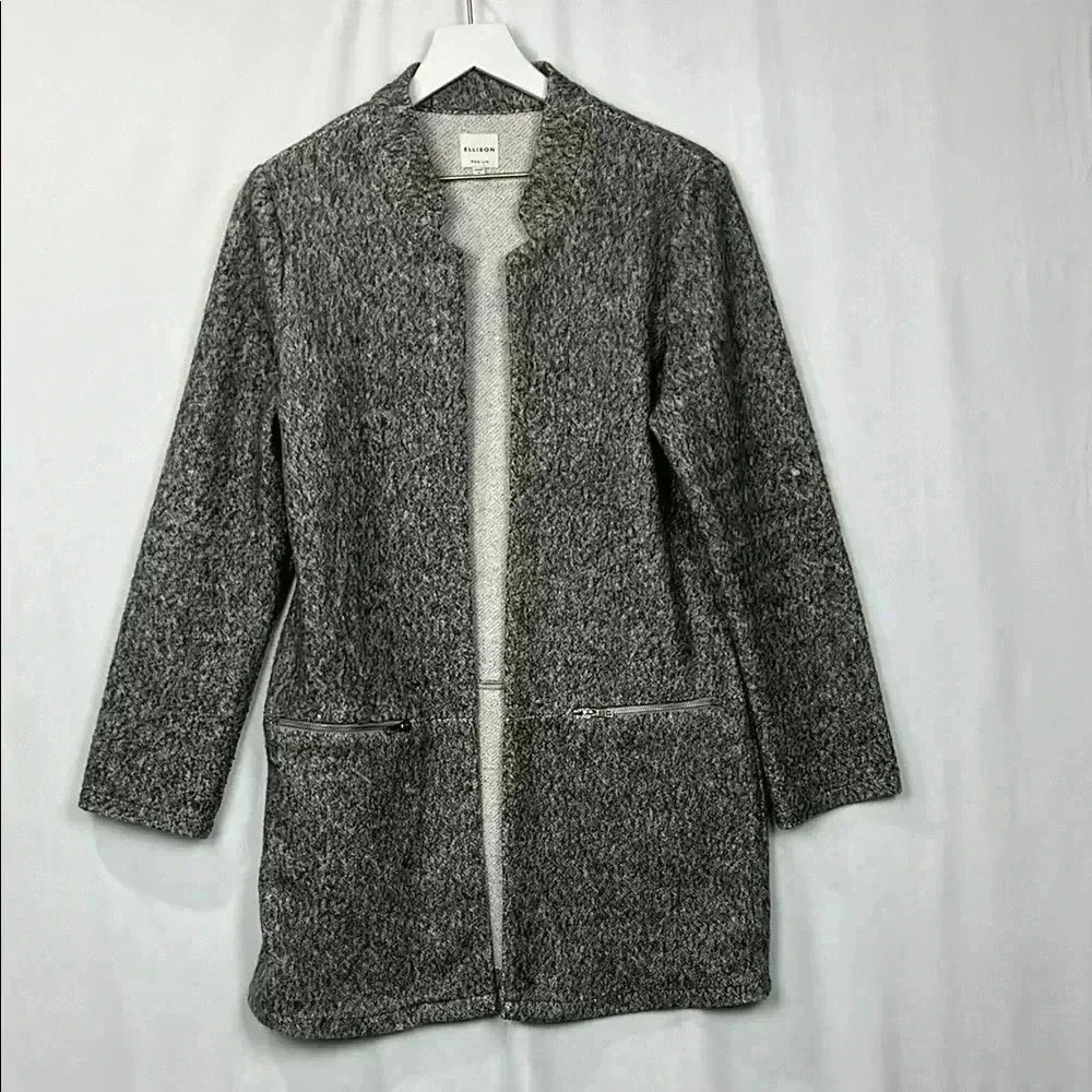 Ellison Womens Sweater Jacket M Soft Gray Open Front Long Lines Zip Pockets EUC